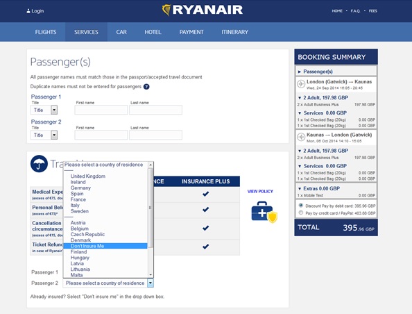 Ryanair Dark Patterns Implementation