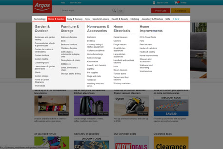 Argos use a dedicated full-width dropdown to help users navigate through categories quickly and easily