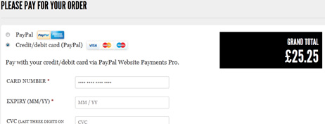 Screenshot of a payment gateway page featuring PayPal and Credit/Debit card options on a website